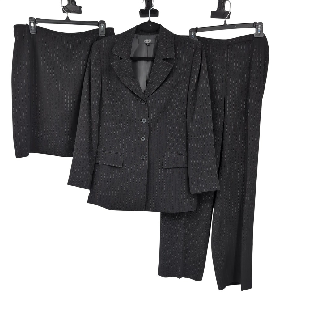 Kasper Classics Womens 3 Piece Pinstripe Suit Set Blazer Pants Skirt Black Sz 12